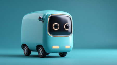 A small robotic delivery vehicle is ready to operate in a high-tech cityscapeの素材