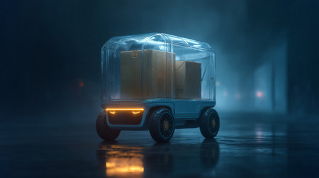 A robotic delivery vehicle transports packages through a misty cityscape under dim lightsの素材