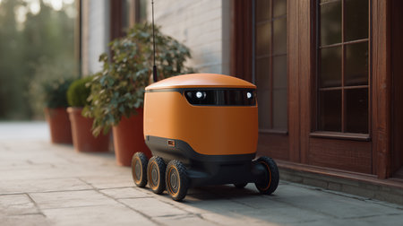 Robotic delivery unit approaches a house, ready to drop off a package in a quiet neighborhoodの素材