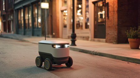 A robotic delivery drone moves through an urban environment under evening lightingの素材