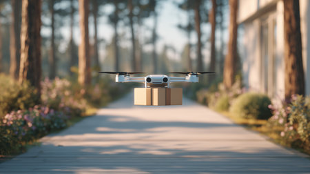 A drone flies over a garden, delivering a package along a scenic pathwayの素材