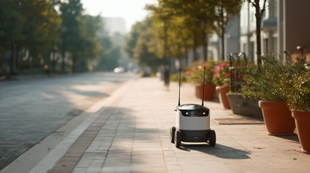 A robotic delivery moves along a city sidewalk, surrounded by planters and urban greeneryの素材