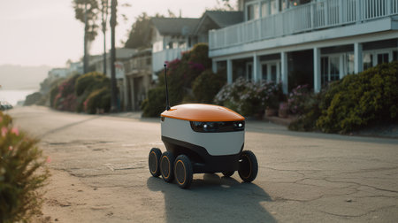 A robotic delivery vehicle glides through a quiet coastal area at sunsetの素材