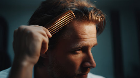 Man grooming routine in bathroom focusing on hair care with a mirror Generative AIの素材