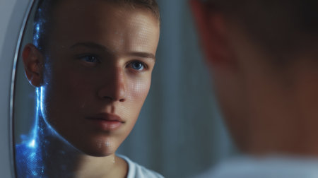 Smart man examines skin care routine in bathroom mirror during morning grooming Generative AIの素材