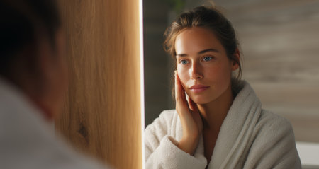 Woman in bathroom mirror reflecting on skin care routine while wearing a robe Generative AIの素材