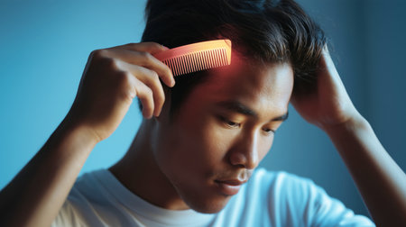 Man in bathroom focusing on skin care while using a comb against a mirror Generative AIの素材