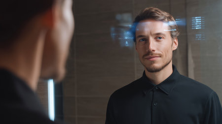 Man examining his skincare routine in a modern bathroom mirror Generative AIの素材