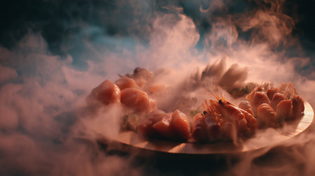 A seafood platter showcases fresh shrimp and fish enveloped in swirling aromatic smokeの素材