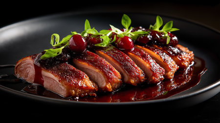 Duck breast is expertly cooked and arranged, garnished with berry sauce and herbs, ready to enjoyの素材