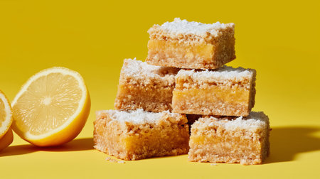 Soft lemon bars arranged in a neat stack alongside juicy lemons on a vibrant yellow backdropの素材
