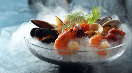 A colorful assortment of seafood featuring shrimp, clams, and mussels served in a chilled bowlの素材