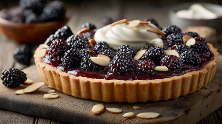 A rich black raspberry tart topped with cream and almond slices is displayed on a wooden tabletopの素材