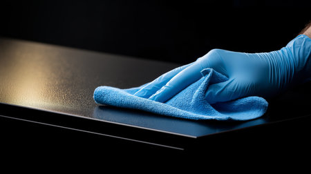 Wiping a dark tabletop with a blue cloth in a dimly lit spaceの素材