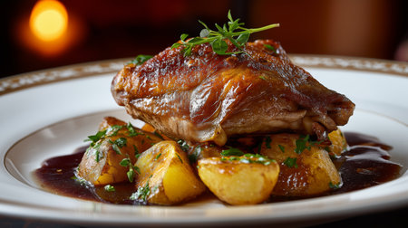 Savor the flavors of roasted chicken accompanied by crispy potatoes and herbs in a warm ambianceの素材