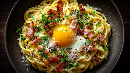 A delicious plate features spaghetti, crispy bacon, an egg yolk, and fresh herbsの素材