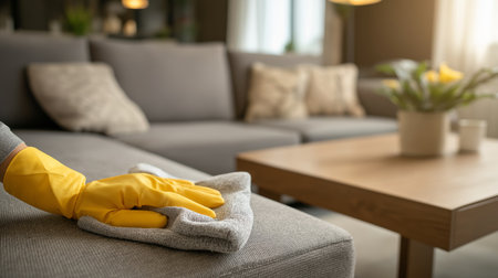 A person in yellow gloves cleans a couch in a bright, stylish living roomの素材