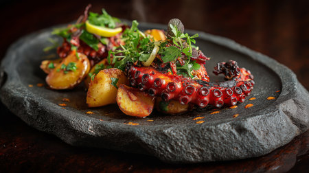 Tender grilled octopus is plated with golden potatoes and garnished with vibrant herbsの素材
