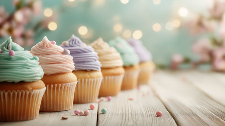 Colorful cupcakes with pastel frosting and sprinkles line up in cozy decorの素材