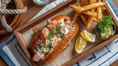 A lobster roll filled with fresh seafood, paired with fries and garnished with lemon wedgesの素材