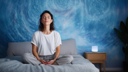 Practicing hypnosis for relaxation and treatment in a serene bedroom setting Generative AIの素材