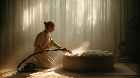 A woman kneels to vacuum a round cushion while sunlight streams through sheer curtainsの素材
