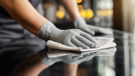 A worker in gloves is wiping a restaurant table to prepare for customers during lunchtimeの素材