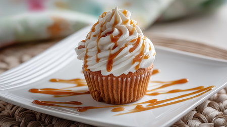 A richly frosted cupcake topped with caramel drizzle is showcased on a white plateの素材