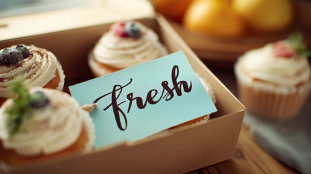 Soft cupcakes topped with cream and berries inside a box showcasing a fresh labelの素材