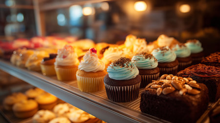 Assorted cupcakes and pastries are beautifully arranged in a bakery, inviting customers insideの素材