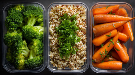 Freshly prepared broccoli, fluffy quinoa, and sweet glazed carrots ready for healthy mealsの素材