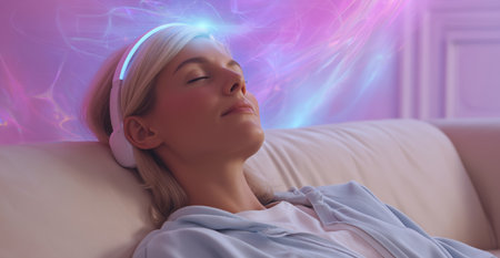 Woman undergoing hypnosis treatment for illness in calming environment Generative AIの素材