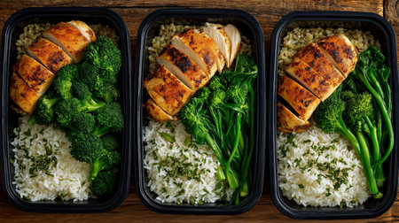 Delicious meal prep featuring grilled chicken, broccoli, and rice arranged in containersの素材