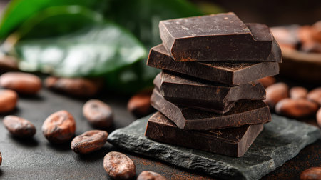 Rich dark chocolate is artfully arranged with cocoa beans and fresh leaves highlighting its appealの素材