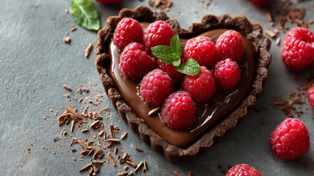 A delightful chocolate tart in a heart shape features fresh raspberries and mint leavesの素材