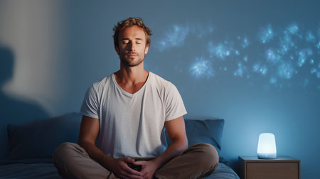 Meditation session for hypnosis treatment in calming bedroom setting Generative AIの素材