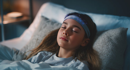 A child lies serenely in bed, eyes closed, practicing hypnosis to address sleep issues and illnessの素材