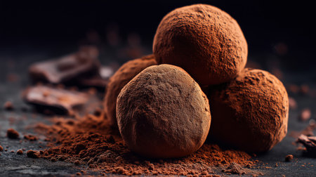 Chocolate truffles are elegantly arranged and dusted with cocoa powder, showcasing their richnessの素材
