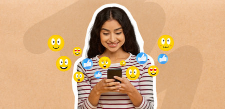Woman smiling while chatting on smartphone and enjoying social media interaction