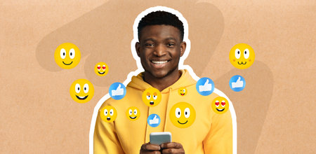 Happy person chatting on smartphone with social media reactions and emojisの写真素材