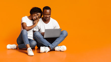 Carefree african american couple using laptop togetherの写真素材