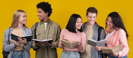 Students study in library, young people spend time together and search informationの写真素材