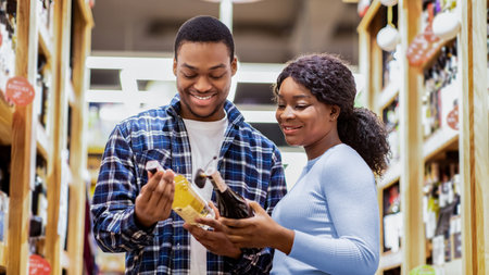 Cheerful black couple holding wine bottles, selecting alcohol beverages at modern supermarket