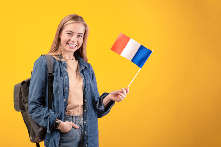 Exchange student and guest from France. Happy blonde teen lady in casual