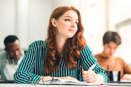 Smiling female student sitting at desk in classroom thinkingの写真素材