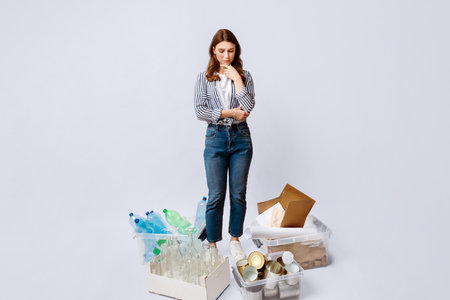 Pensive Young Woman Looking At Containers With Sorted Waste Arround Her