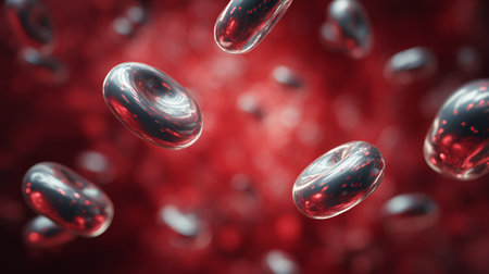 Blood cells adorned with gold reflecting the essence of rejuvenation and youth Generative AIの素材