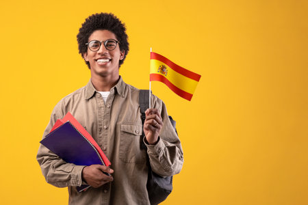 Learning new language, education and travel. Young smiling african american male with backpack hold notebooksの写真素材