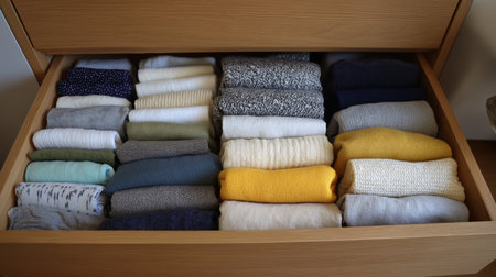 Neatly folded clothes in a drawer demonstrate efficient organization and color coordinationの素材