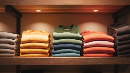 Colorful folded sweaters are neatly stacked on shelves at a clothing storeの素材